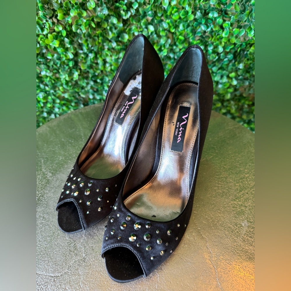 Nina of New York Black Satin Peep Toe Heels with Black/Smoke Crystals